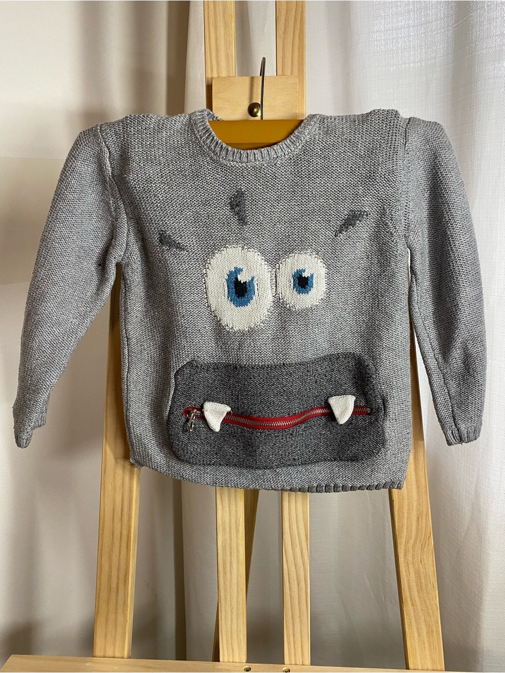 Zara Baby Monster Knit Sweater Grey 18–24M Zip Mouth Pocket